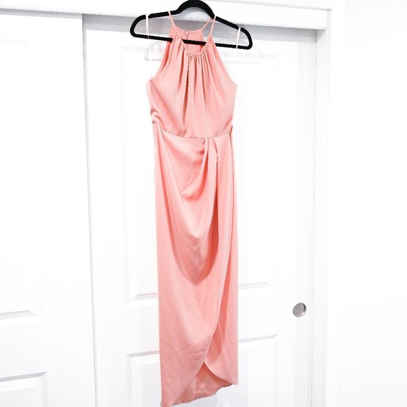 Shona Joy Size 2 Blush High Neck Gathered Faux Wrap Satin Maxi Dress - Picture 3 of 11